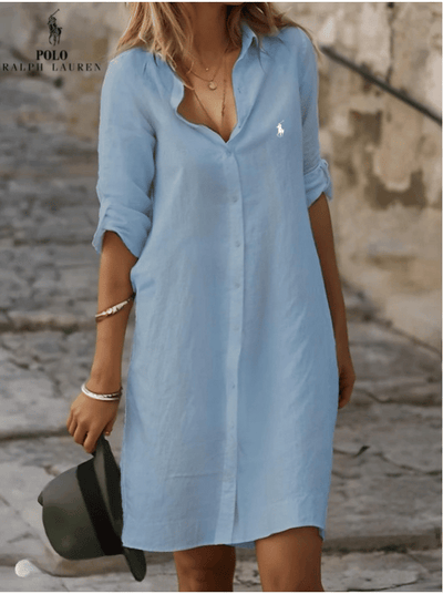 RALPH LAUREN - Eenvoudige overhemdjurk van katoen en linnen met losse pasvorm