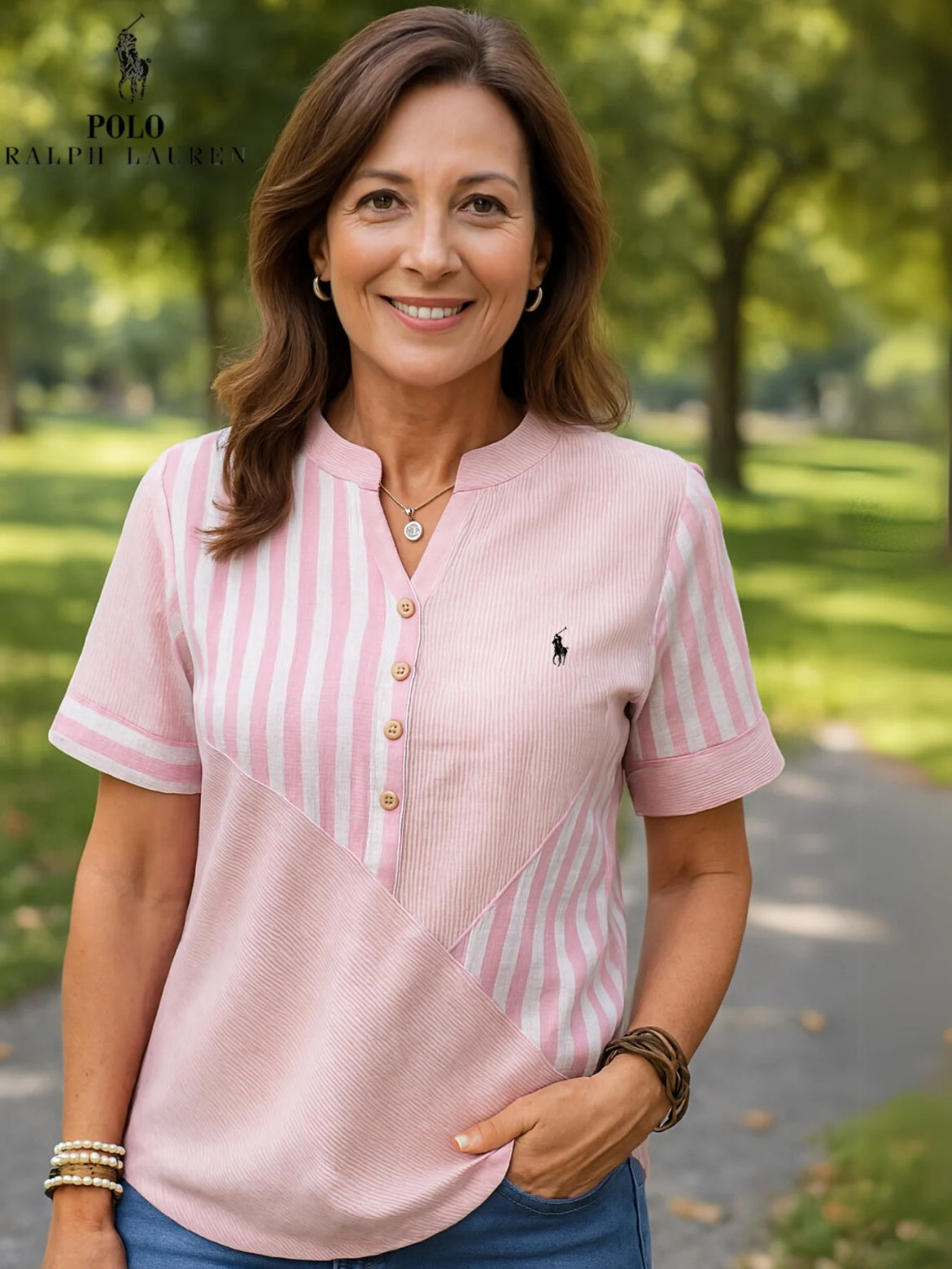 RALPH LAUREN - Hemd van katoen en linnen met asymmetrische strepen en V-hals