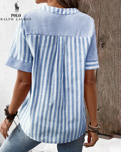 RALPH LAUREN - Hemd van katoen en linnen met asymmetrische strepen en V-hals